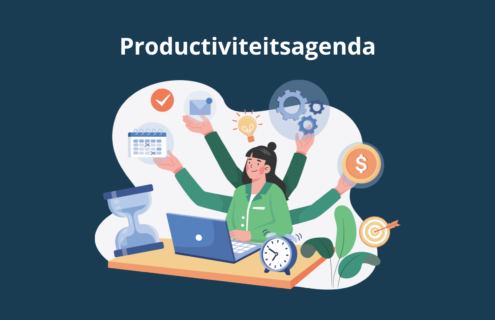 Illustratie van productiviteitsagenda met time management symbolen en persoon aan bureau