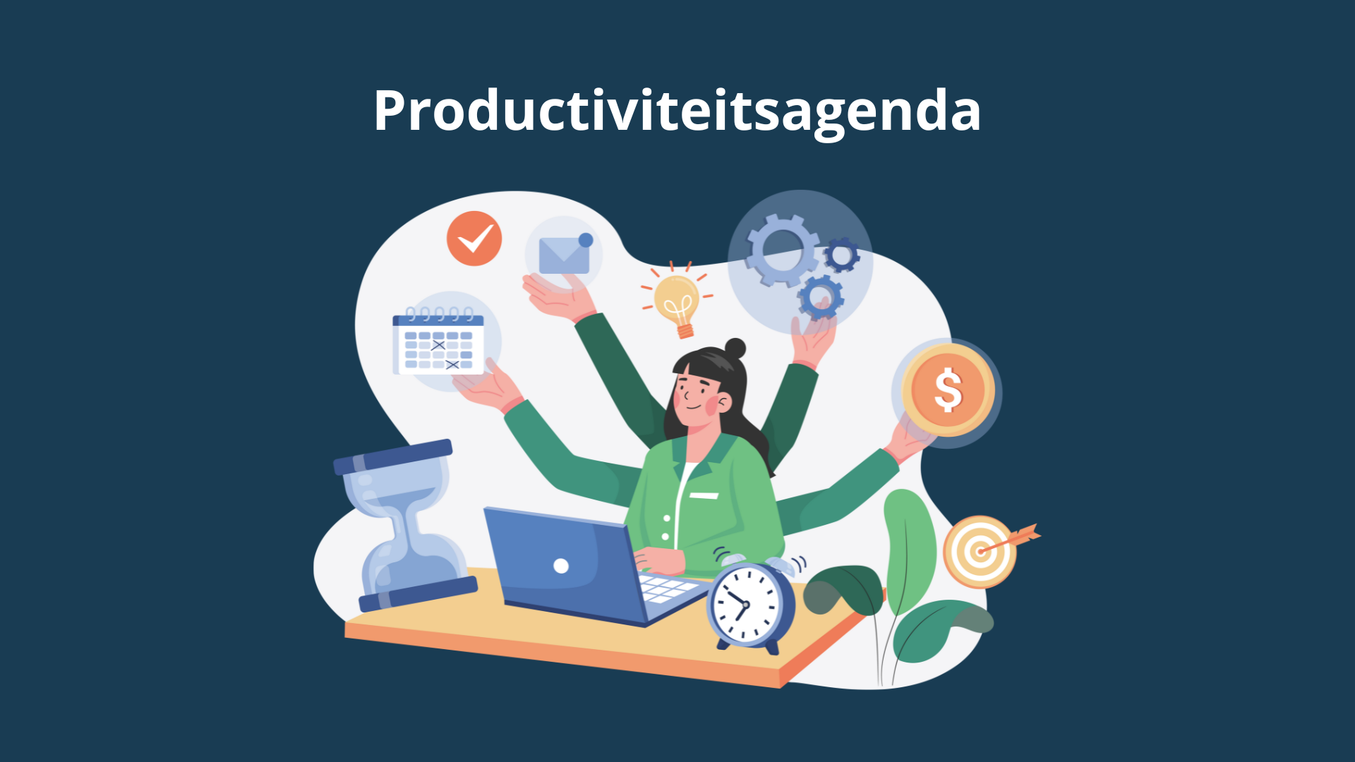 Illustratie van productiviteitsagenda met time management symbolen en persoon aan bureau